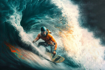 Digital illustration of a surfer surfing under a wave (Generative AI) - obrazy, fototapety, plakaty