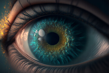 The concept of a multicolored human eye. Blue, green colors. 3d rendering