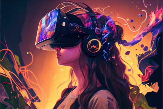 A young woman entering the metaverse of digital technology