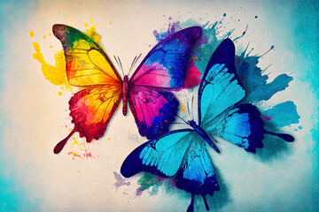Colors of rainbow. Photo watercolor paper texture. Abstract watercolor background. Wet watercolor paper texture background. bright colorful morpho butterflies. multicolored watercolor stains