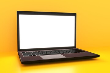 Laptop with blank screen isolated on black background, white aluminium body. Whole in focus. High detailed. 3d rendering.
