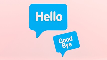 Hello and good bye speech bubble banner. Message bubble concept with text Hello, Hi. Greeting in chat. Communication concept. Cartoon design element isolated on blue background. 3D Rendering