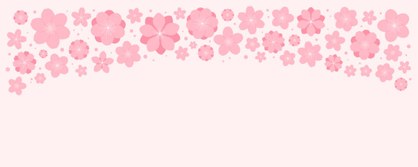 Spring blossoms, blooms, pink flowers border on white, with copy space. Flat style vector illustration. Abstract geometric design. Concept for seasonal promotion, sale, advertising, poster, banner