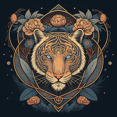 Tiger with flower vintage style created with Generative AI