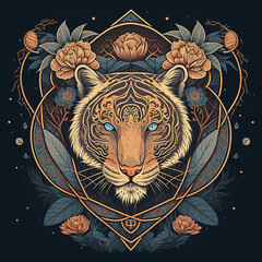 Obraz premium Tiger with flower vintage style created with Generative AI