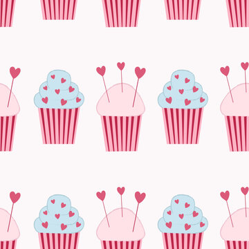 Seamless pattern with pink and blue cupcakes with hearts. Valentine's day sweets. Flat vector