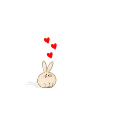 fat rabbit and three red heart on white background