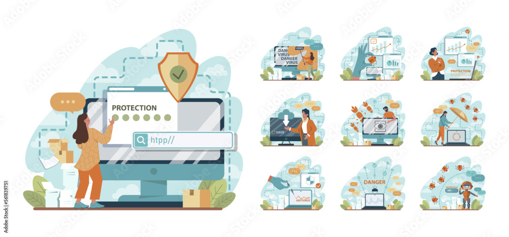 Poster cyber or web security set. digital data protection and database safety