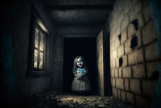 Horror animated doll in passage way AI generative