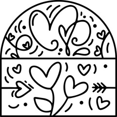 Valentine vector composition constructor flower with leaves and hearts. Hand drawn love holiday logo in half round frame for greeting card, web design invitation