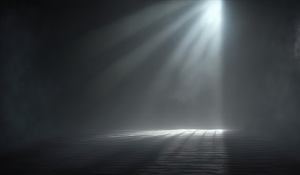 Bright light shines from the top of a dark room. Generative AI.


