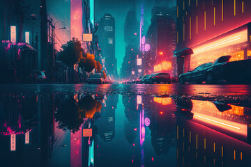 Obraz premium neon mega metropolis with puddles on the street reflecting light toward the towers. Idea for a central commercial district and nightlife (CBD) theme of cyberpunk, technical background. Generative AI