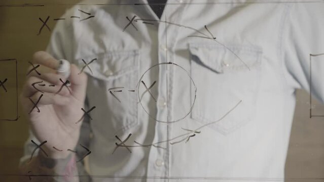 Coach drawing football or soccer game strategy and tactics with black marker