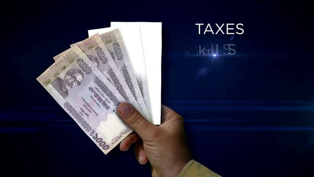 Bangladesh Taka paper note holding. Fan of BDT banknotes in hand. Metaphor concept of income loss, cost of live, tax, credits and money decline.