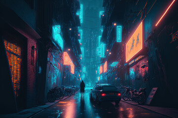 In a cyberpunk city, it is a bright neon night. Illustration of the futuristic city done in photorealism. Blue neon lights illuminate a deserted street. Generative AI