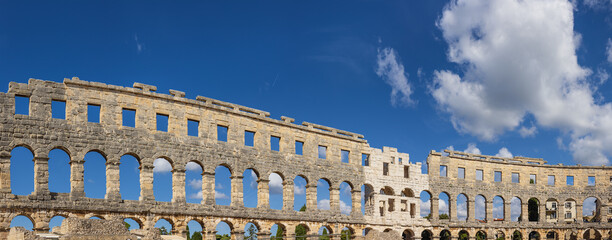 Panorama of the inside of the amphitheater in Pula seen from the center stage in the amphitheater