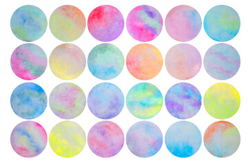 Watercolor multicolored paint circle texture. Abstract hand-painted textures. Set of 24 watercolor circle elements for web design, cards, buttons. On isolated white background.