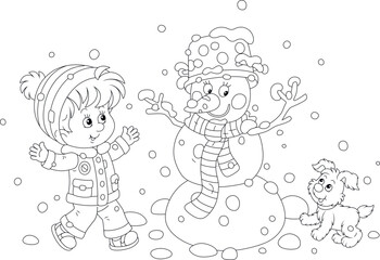 Happy little boy and his merry pup playing and jumping around a funny snowman in a snowy winter park, black and white outline vector cartoon illustration for a coloring book