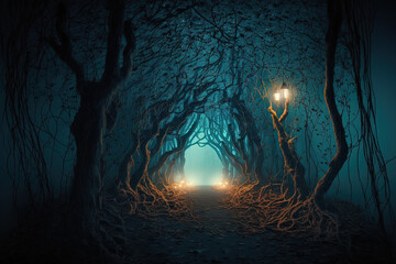 Nighttime scene of realistically eerie forest. Fantasy woodland for Halloween. Unreal, eerie, and atmospheric design background. electronic art. Generative AI