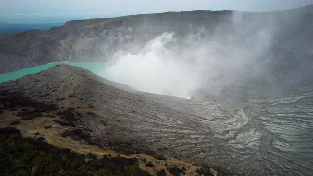 Java Bromo Ijen Volcano crater acidic lake blue drone footage 4K UHD HDR birds view nature fume smoke travel tourist hiking mountain landscape