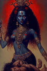 Maha Kali Deva Götting der Zerstörung verfällt dem Wahnsinn - Schrecken, Hass, Entsetzen, Grausam, Gewalt - hinduistisch religiöse Kunst für Poster, Hintergründe, T-shirts