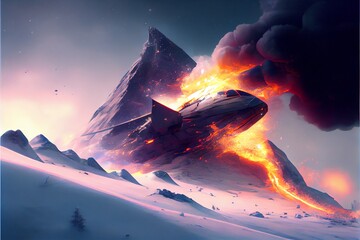 Space ship crash on a snowy mountain with smoke and fire.. Generative AI