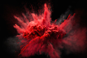 Red powder explosion with a black background. Generative AI