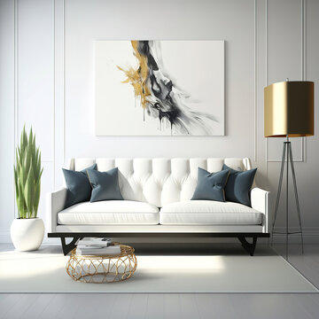 Interior white room with armchair, potted flowers, golden lamp and abstract painting on the wall, ai art