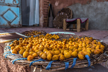 Basket with fruit dried on sun in Abyaneh, famous ancient village, Iran