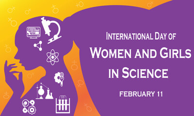 International Day of Women and Girls in Science illustration. Woman face profile silhouette with science equipment illustration
