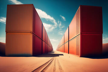 Illustration of multiple cargo containers organized in a row in the desert. Generative AI