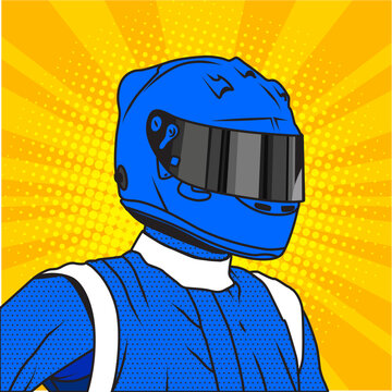Pop-art blue monopost racing pilot with helmet	