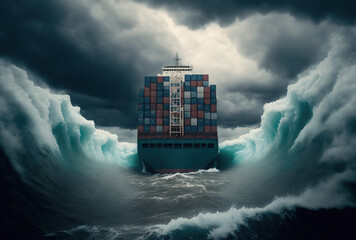 Illustration of a cargo ship with cargo containers in the middle of a crazy storm. Generative AI