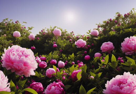 Illustration of spring and summer of blooming field with peonies in beautiful morning light Generative AI