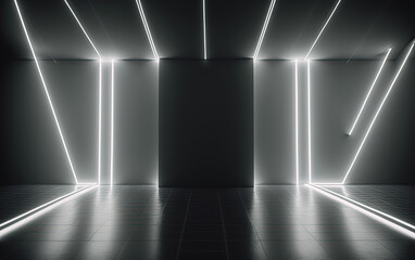  Empty clean room with neon lights. Generative AI.