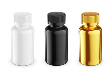 White, black, gold medicine bottles mockup template isolated on white. 3D rendering.