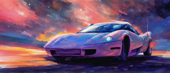 An abstract cosmic vehicle is set against a background of swirling galactic dust in this painting. The use of bright and bold colors, as well as dynamic brushstrokes. Generative AI