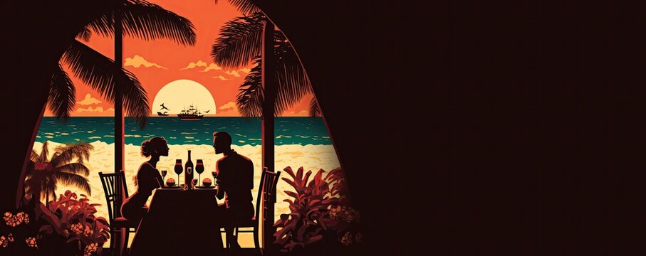 Illustration Of A Valentine's Day 2023 Scene In A Tropical Setting Featuring A Couple Sitting At A Table With A Romantic Dinner And A View Of The Ocean, Generative Ai