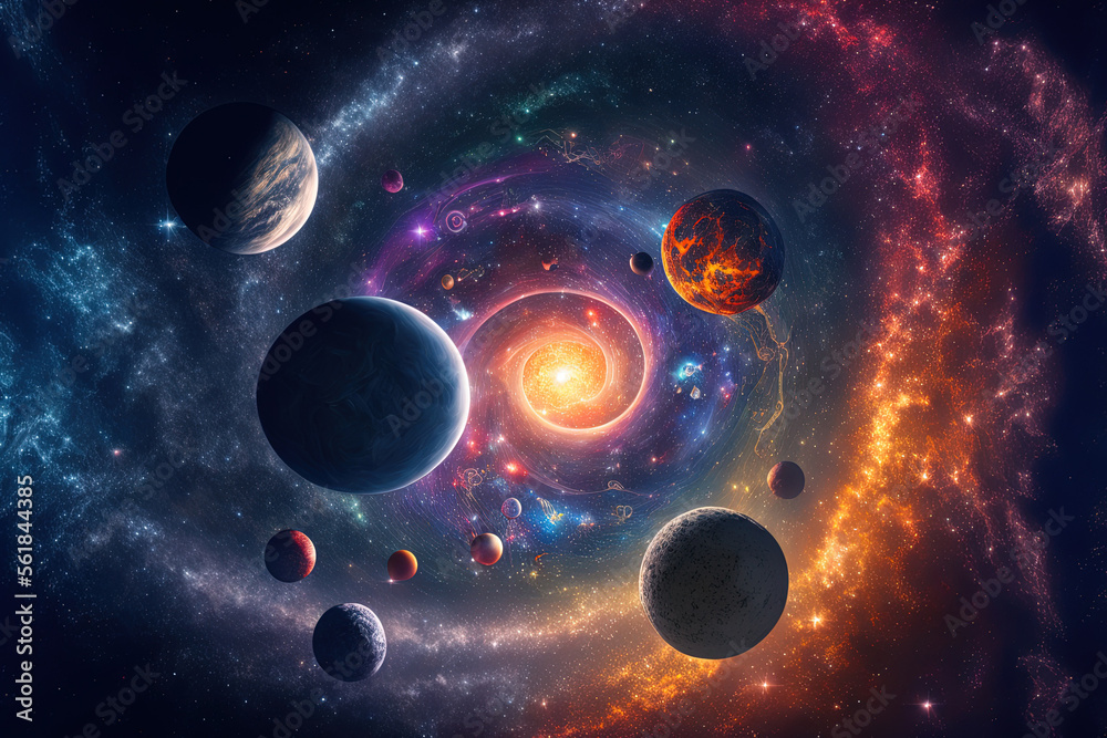 Wall mural planets, stars, and galaxies in an infinite cosmos in deep space. generative ai