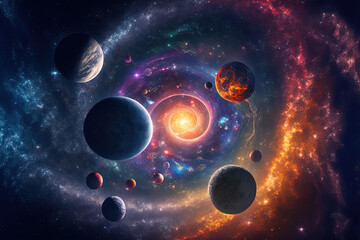 Fototapeta na wymiar Planets, stars, and galaxies in an infinite cosmos in deep space This image's components were provided by NASA. Generative AI