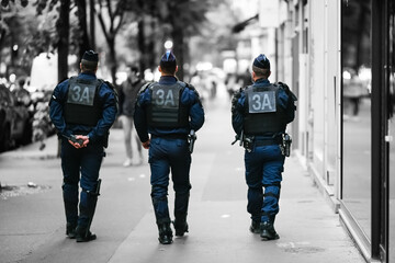 Police officers (CRS) walk the streets with uniform ensuring security in Paris, France. French national policemen in action.