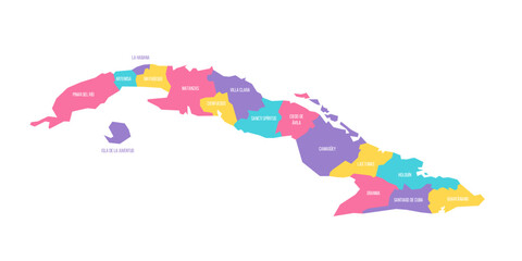 Cuba political map of administrative divisions - provinces. Colorful vector map with labels.