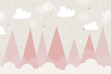 Mountains and clouds in dusty pastel colors. For baby wallpapers, decor, web banners, posters. Vector illustration. Children's wallpaper. Hand drawn in scandinavian style. Mountain landscape.
