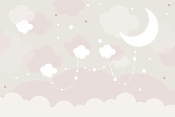 Vector hand drawn childish 3d wallpaper with clouds. Aerial white clouds, stars and dots . Lovely wallpaper for the kids room.	