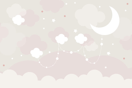 Fototapeta Vector hand drawn childish 3d wallpaper with clouds. Aerial white clouds, stars and dots . Lovely wallpaper for the kids room. 