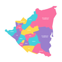 Nicaragua political map of administrative divisions - departments and autonomous regions. Colorful vector map with labels.