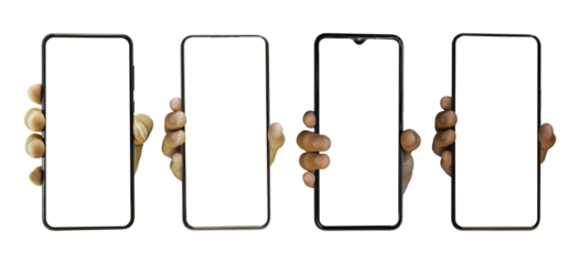 Set of Hand holding mobile smartphone with blank transparent screen and background - PNG file.