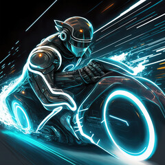 Motorcyclist of the future is like a tron on a lightcycle, generative art - obrazy, fototapety, plakaty