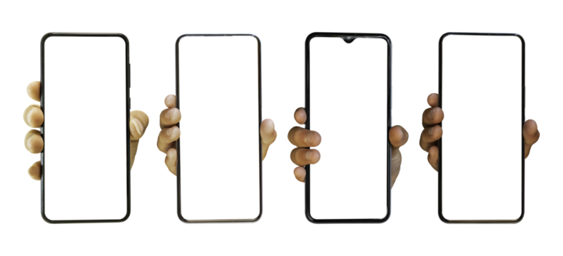 Set of Hand holding mobile smartphone with blank transparent screen and background - PNG file. - Powered by Adobe