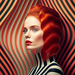 Generative ai optical art fashion portrait redhead young woman posing looking camera